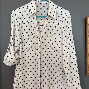 Express Women's Button Down Shirt - Black Polka Dots on White